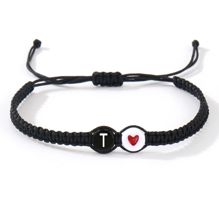 European and American Cross-Border 26 Letter Heart Braided Bracelet Creative Black and White Round Bead Flat Knot Couple Friendship Jewelry