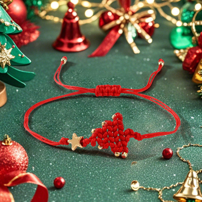 Christmas Theme Copper Bead Pentagram Christmas Tree Woven Bracelet Handmade Rope Design Festive Atmosphere Accessory