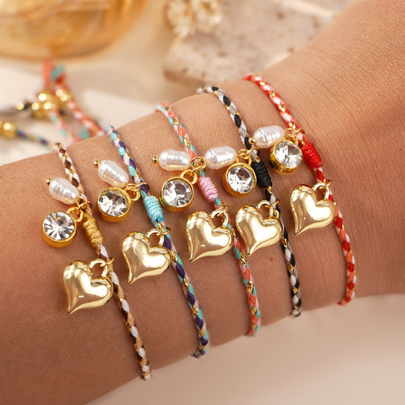 Colorful Rope Woven Pearl Bracelet Summer Beach Vacation Hand-twisted Striped Bracelet Heart Pendant Adjustable Bracelet