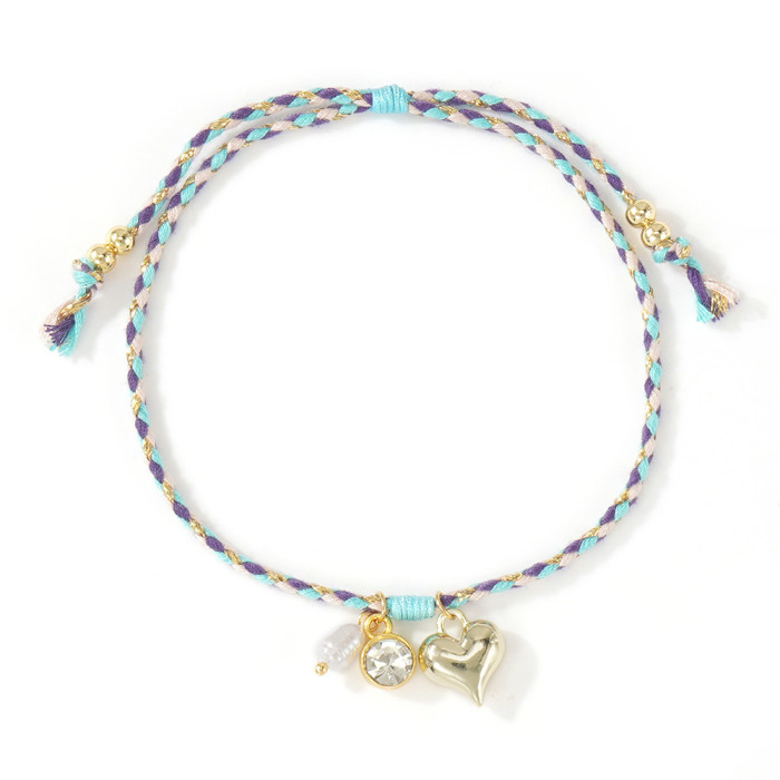 Colorful Rope Woven Pearl Bracelet Summer Beach Vacation Hand-twisted Striped Bracelet Heart Pendant Adjustable Brace...
