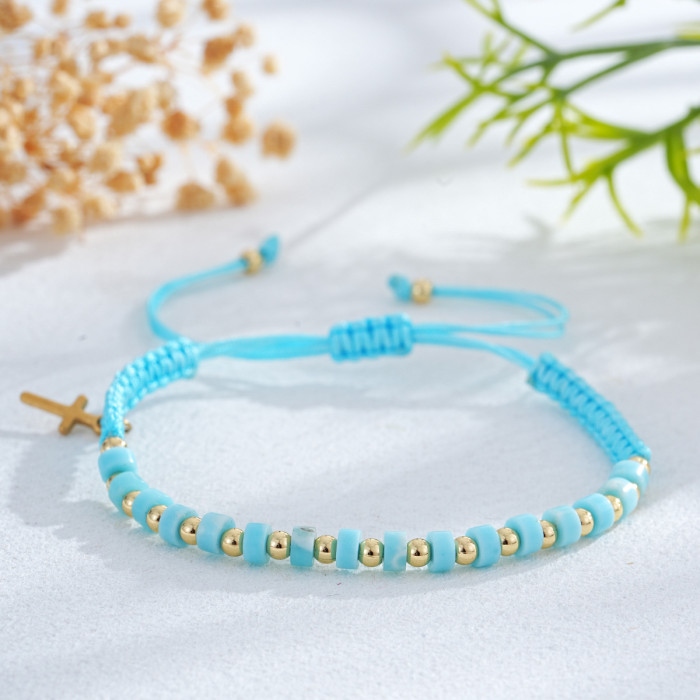 Forest Style Warm Orange Bracelet Imitation Emperor Stone Round Disc Metal Copper Bead Cross Orange Braided Rope Daily Bracelet