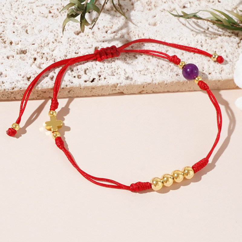 Niche Design Red String Beaded Bracelet Cross Gold Beads Amethyst Handwoven Bracelet Women's Fashion Jewelry