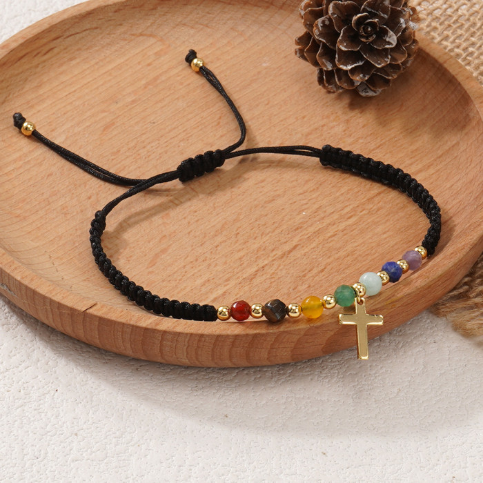 Source Factory Handmade Woven Black Rope Cross Bracelet Rainbow Natural Stone Beads Adjustable Cross-Border In Stock Wholesale