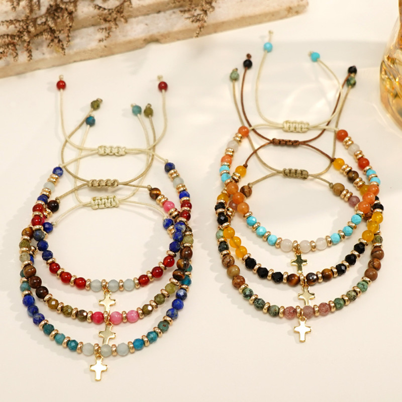 Cross-Border New Natural Stone Beaded Bracelet Gold Bead Spacer Wax Thread Hand-Woven Bracelet Cross Natural Bracelet