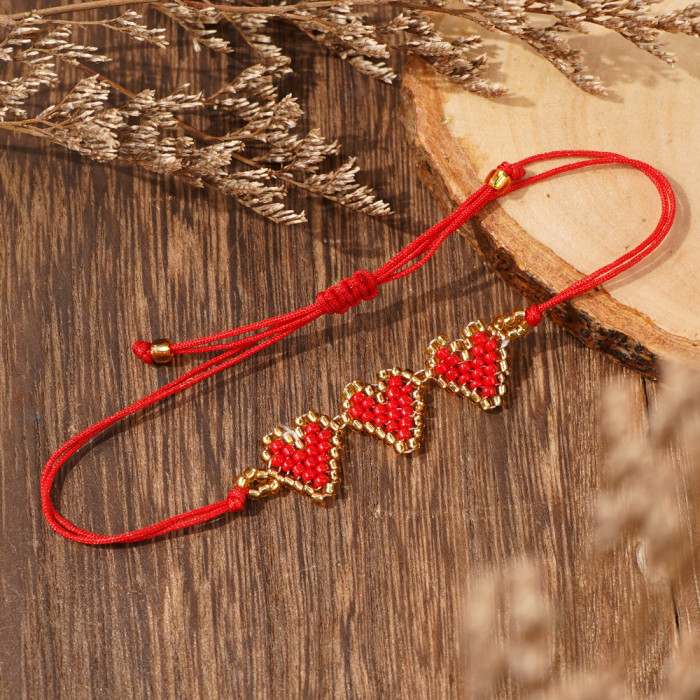 Heart-shaped Woven Red Rope Bracelet with Gold Beads Ethnic Style Commuting Gift Hand Jewelry Night Market Hot-sellin...