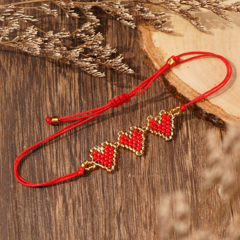 Heart-shaped Woven Red Rope Bracelet with Gold Beads Ethnic Style Commuting Gift Hand Jewelry Night Market Hot-selling Bracelet