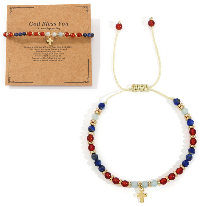 Cross-Border New Natural Stone Beaded Bracelet Gold Bead Spacer Wax Thread Hand-Woven Bracelet Cross Natural Bracelet