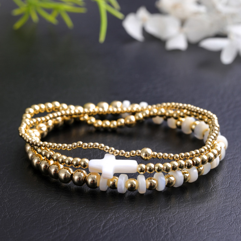 Cross-Border Shell Cross Pearl Bracelet Jewelry Gold Bead Woven Light Luxury High-End Feel Hand Accessories Hot-Selling Set Bracelet