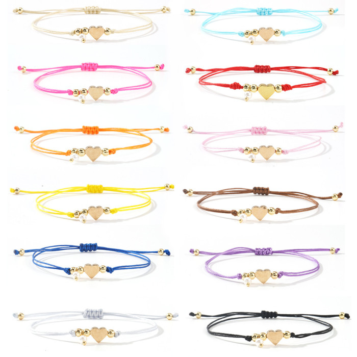 Summer Fresh Sweet Heart Bracelet Handmade Woven Imitation Pearl Beaded Bracelet Fashion Simple Bracelet for Women