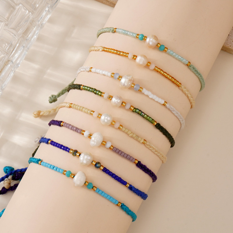 Cross-border Bohemian Style Handmade Woven Bracelet for Women with Imitation Pearl and Crystal Beads, Color-Block Simple Fashion Hand Rope Jewelry