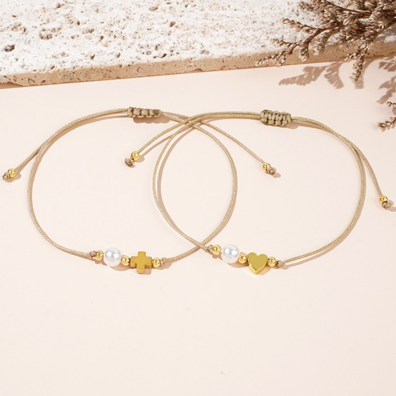 Summer Trend Imitation Pearl Bracelet Iron Gallstone Cross Heart Accessories Hand Jewelry Women's Birthday Gift Commemorative Bracelet