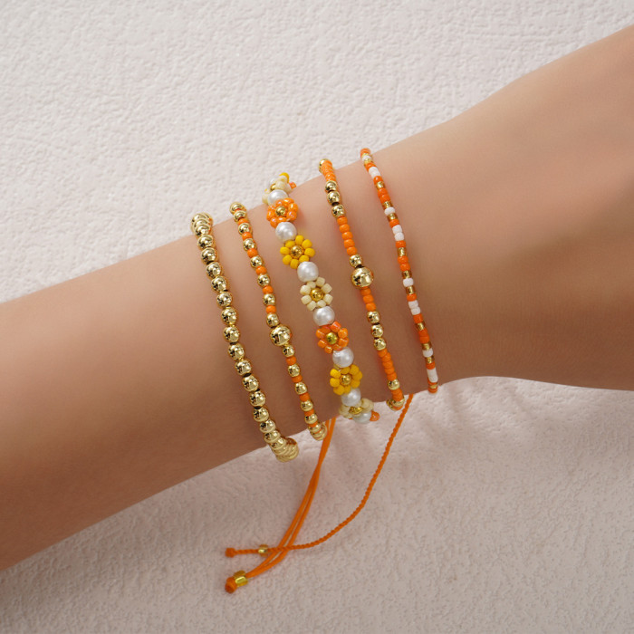 INS Style Orange Beaded Bracelet Set Wholesale Bohemian Multi-Layer Woven Stacking Bracelets for Women
