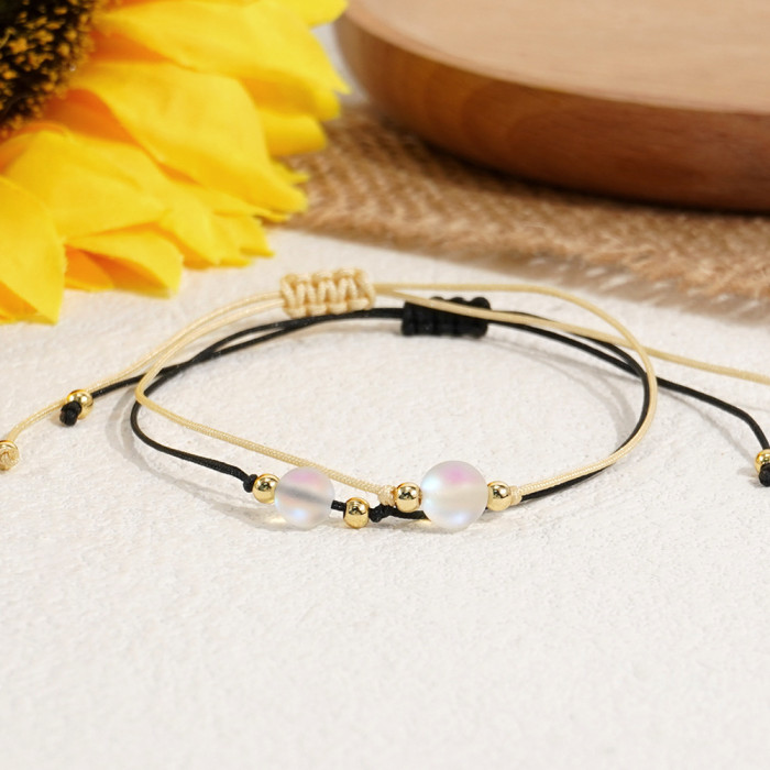 New Simple Ins Style Handmade Woven Wax Rope Bracelet Niche Moonstone Couple Best Friend Adjustable Bracelet