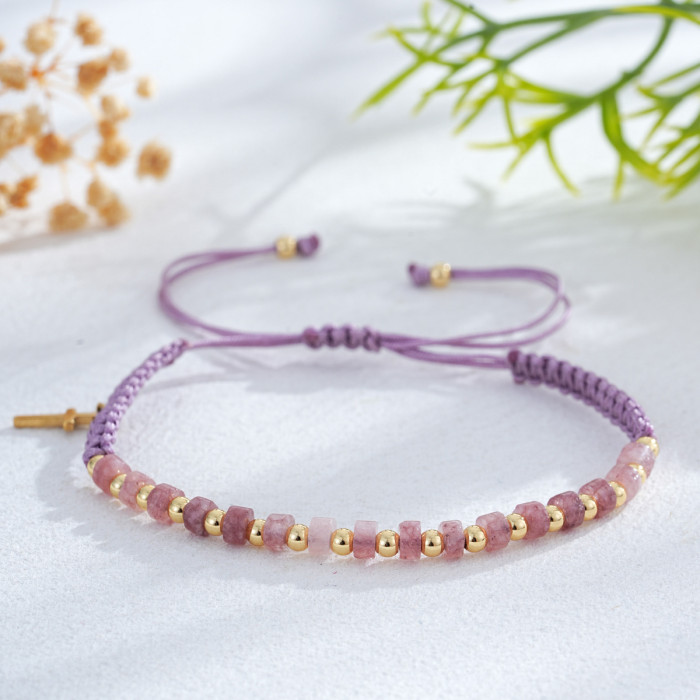 Forest Style Warm Orange Bracelet Imitation Emperor Stone Round Disc Metal Copper Bead Cross Orange Braided Rope Daily Bracelet