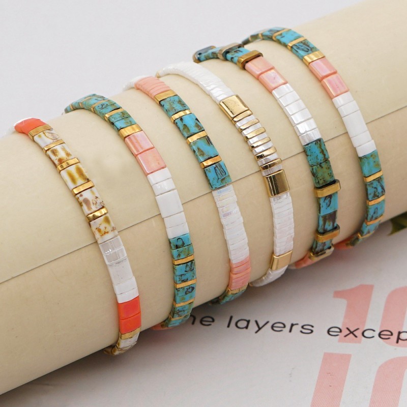 Bohemian Ethnic Style Bracelet Tila Bead Woven Elastic Cord Beaded Jewelry Women's Multi-layer Stacking Bracelet