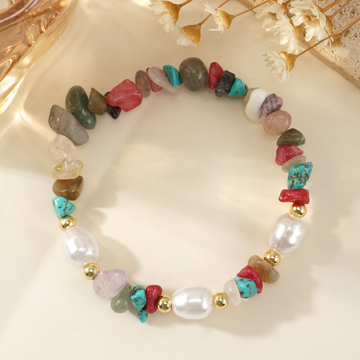 Cross-Border Imitation Pearl Copper Bead Mixed Color Crushed Stone Semi-Precious Stone Bracelet Light Luxury Retro Bracelet Ethnic Style Dopamine Bracelet