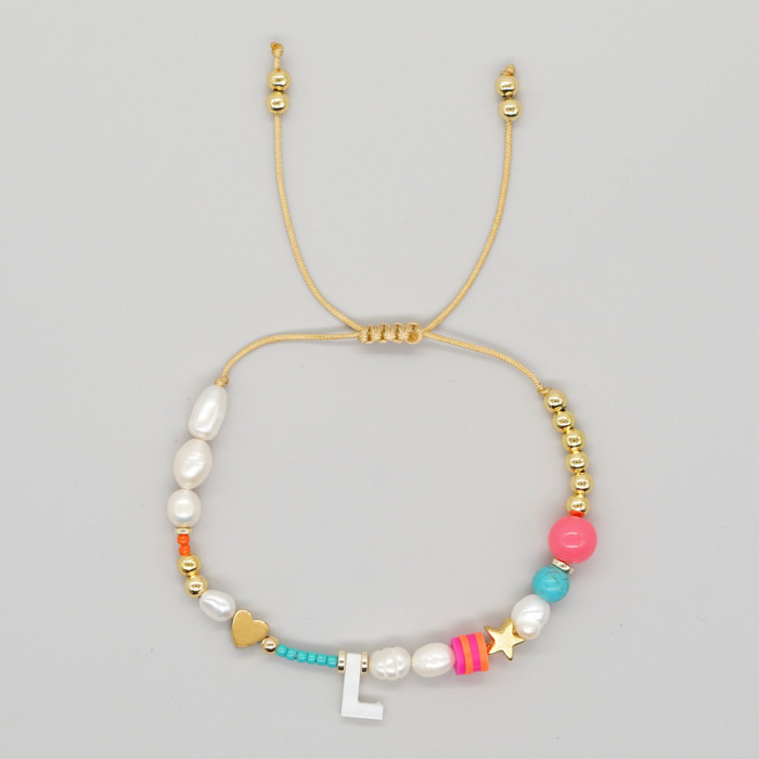 Heart-shaped Pentagram Shell Bracelet A-Z Letter Imitation Pearl Beaded Bracelet Valentine's Day Heart Gold Bead Brac...