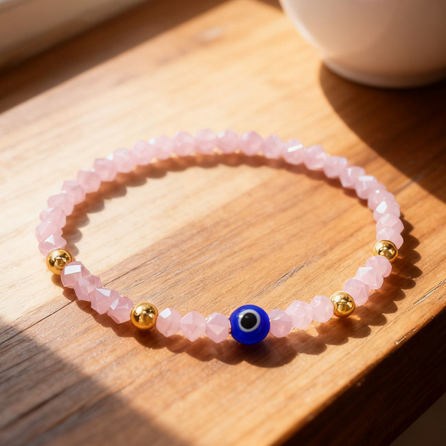 Style Pink Crystal Bracelet Blue Glass Eye Decoration Copper Bead String Bracelet Best Friend Jewelry