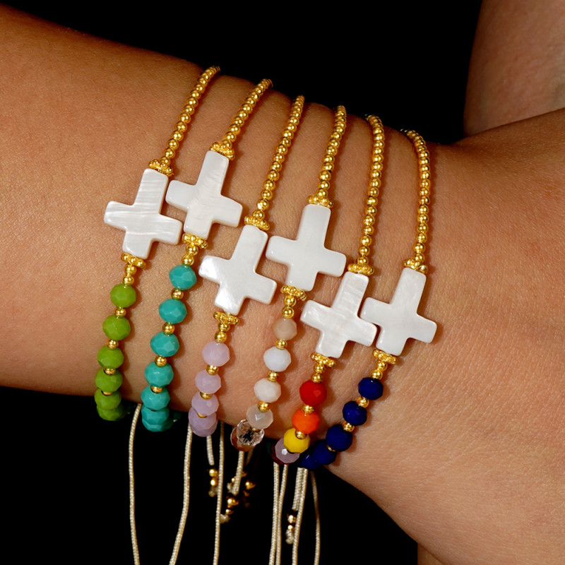 New Cross-Border European and American Retro Bohemian Style Shell Cross Crystal Colorful Bracelet Women's Jewelry