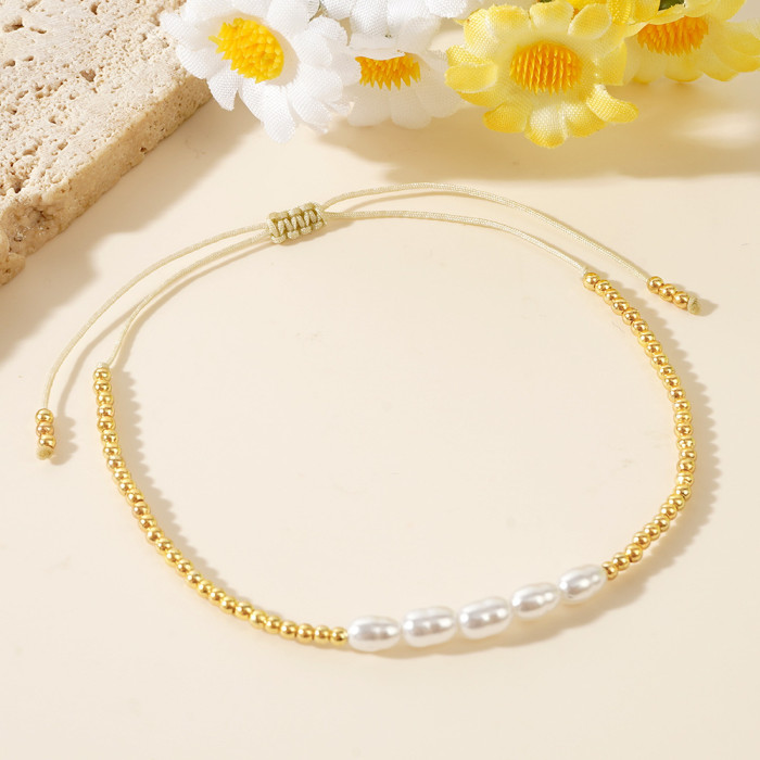 Hot-Selling Bohemian Small Bracelet Rice-Shaped Imitation Pearl Copper Bead Bracelet Adjustable Wholesale