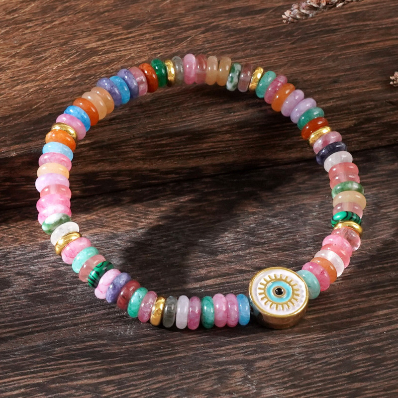 Cross-Border Simple Fashion Bohemian Style Bracelet Copper Spacer Mixed Color Natural Stone Bracelet with Alloy Evil Eye