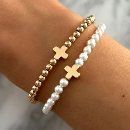 Cross-Border Fashion Personality Iron Gall Stone Cross Bracelet Imitation Pearl Layered Bracelet Copper Bead String Beaded Women's Bracelet