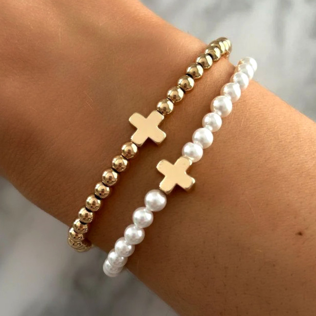 Cross-Border Fashion Personality Iron Gall Stone Cross Bracelet Imitation Pearl Layered Bracelet Copper Bead String Beaded Women's Bracelet