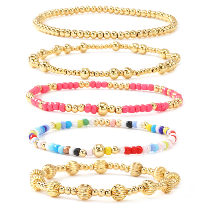 Bohemian Style Jewelry Gold Plated Copper Beads Pumpkin Beads Bracelet Handmade Beaded Multi-Layer Stretch Bracelet