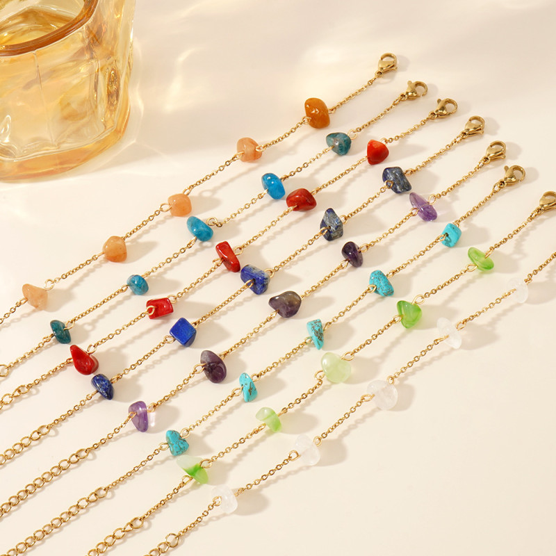 Colorful Irregular Crystal Raw Stone Bracelet Natural Stone Stainless Steel Starry Sky Bracelet Cross-Border Hot-Selling Jewelry