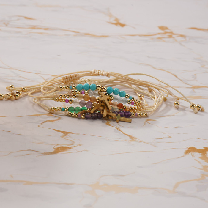 2025 New Ins Style Cross Semi-Precious Stone Bracelet Niche Design Adjustable Drawstring Light Luxury Hand Jewelry Wholesale