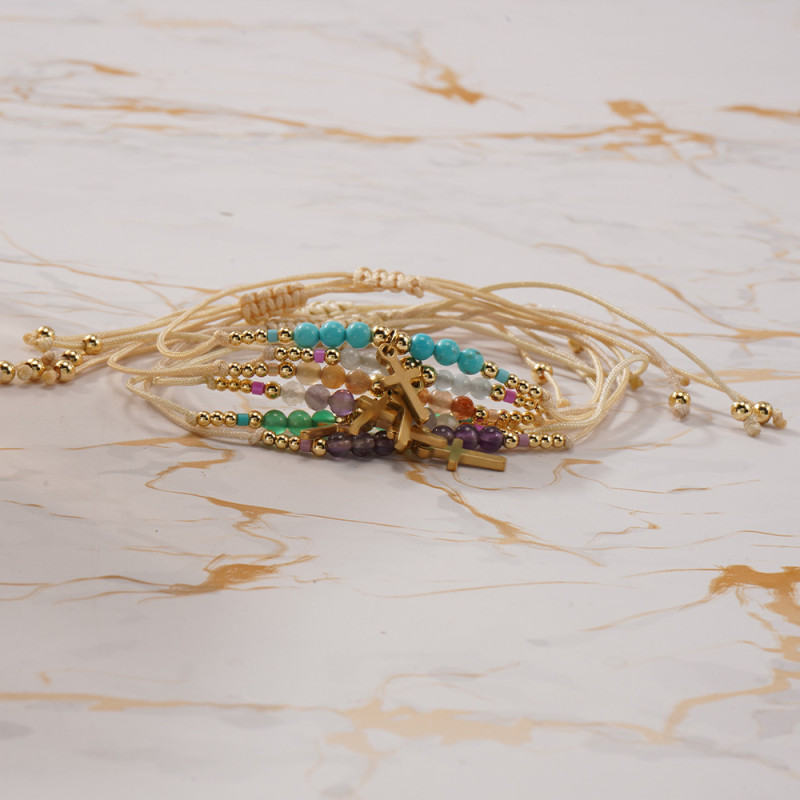 2025 New Ins Style Cross Semi-Precious Stone Bracelet Niche Design Adjustable Drawstring Light Luxury Hand Jewelry Wholesale