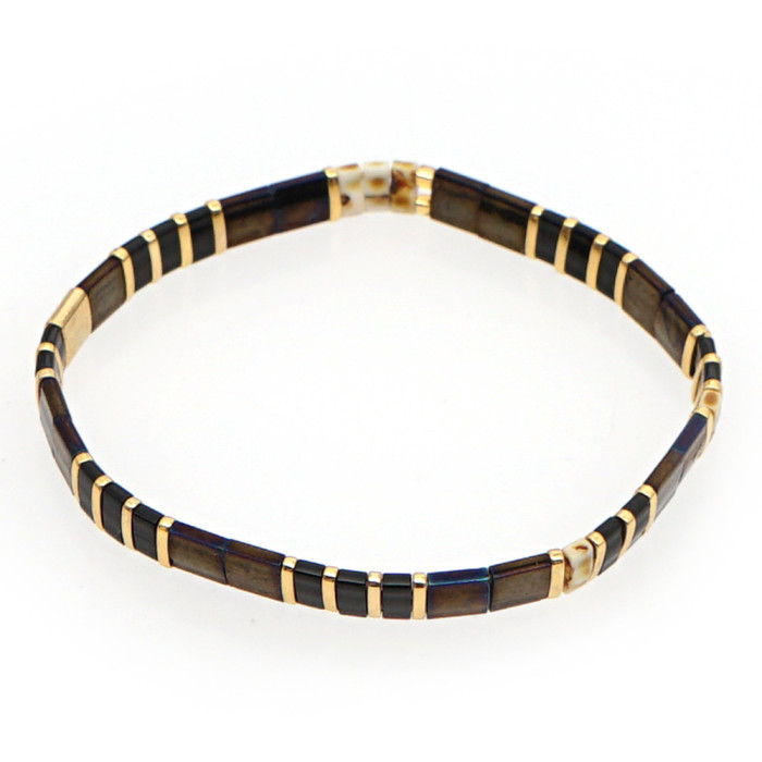 Japanese Style Tila Bead Women's Bracelet Non-Fading Ins Fashion Black Gallstone Glass Bead Mixed Elastic Hand Jewelry Wholesale