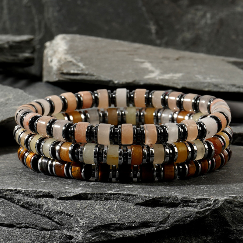 European and American Cross-Border Cylindrical Yellow Tiger Eye Black Gallstone Natural Stone Beaded Men's Bracelet Simple Retro Bracelet In Stock Wholesale