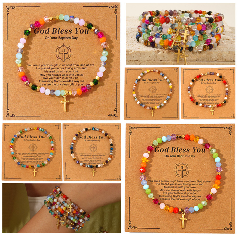 Manufacturer Cross-Border Fashion Easter Card Cross Square Iron Gallstone Chain Colorful Crystal Bracelet for Women