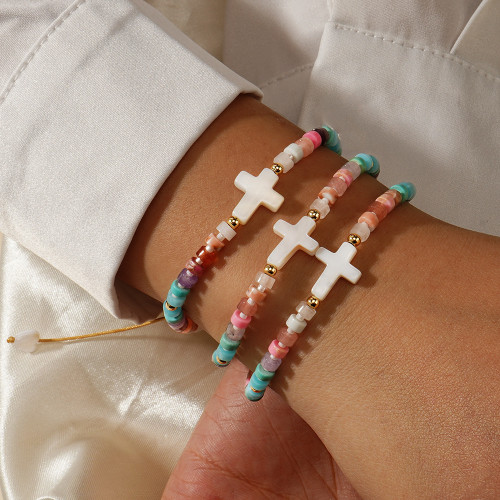 Macaron Color Series Cross Natural Stone Bracelet European and American Fresh Sweet Beaded Bracelet for Women Summer Hot-Selling Bracelet