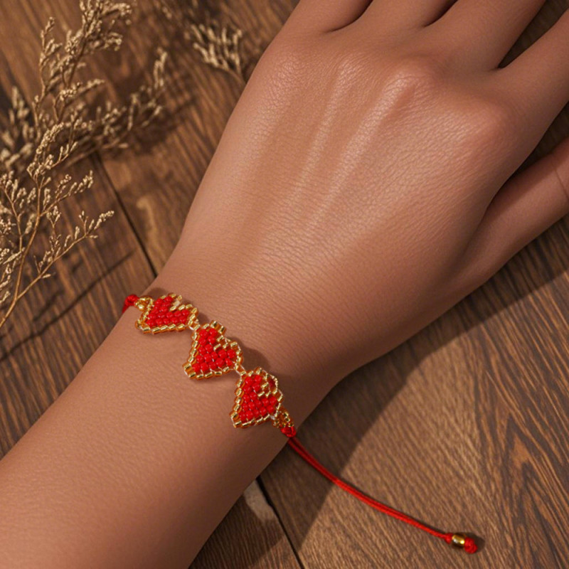 Festive Red String Three Hearts Handmade Beaded Bracelet Personalized Adjustable Couple Jewelry Valentine's Day Creative Gift Hot Item