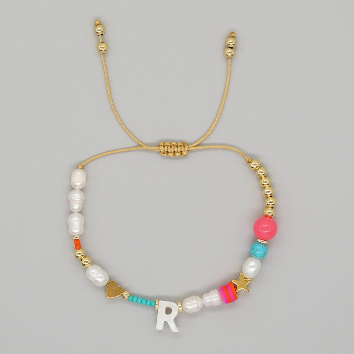 Heart-shaped Pentagram Shell Bracelet A-Z Letter Imitation Pearl Beaded Bracelet Valentine's Day Heart Gold Bead Brac...