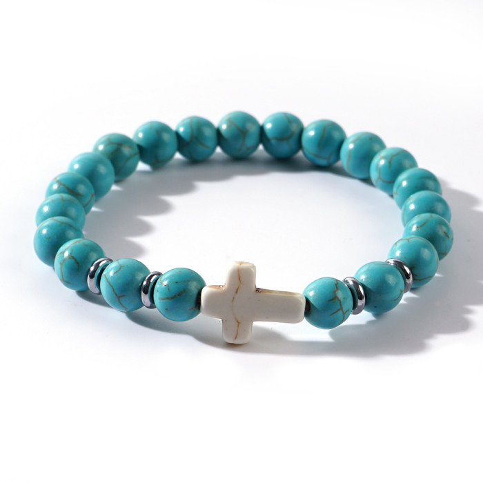 Cross Beaded Bracelet Faith Cross Bracelet Lava Volcanic Stone Turquoise Tiger Eye Stone Red Vein Stone Amazonite Stone
