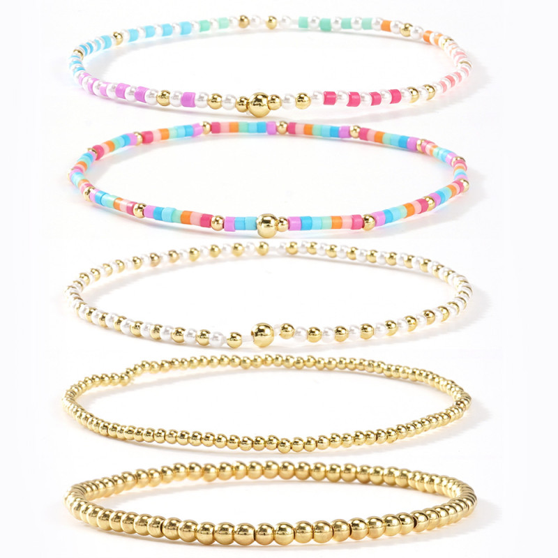 Minimalist Gold Beaded Bracelet Set of Five, European and American Style, Outdoor Versatile Travel Fashion Jewelry for Women, Popular Bracelet