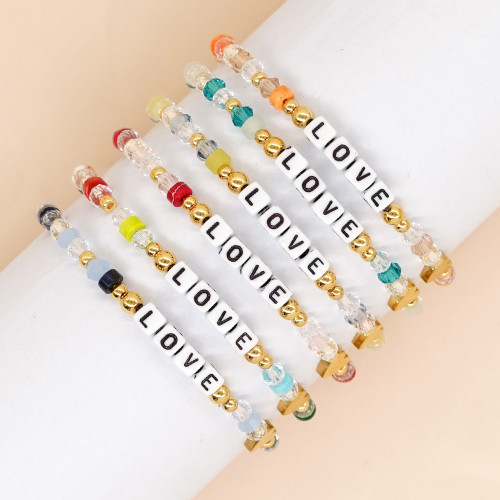 European and American Style Colorful Crystal Beaded Bracelet for Women, Heart Letter Semi-Precious Stone Mixed Couple Bracelet, Mother's Gift Jewelry