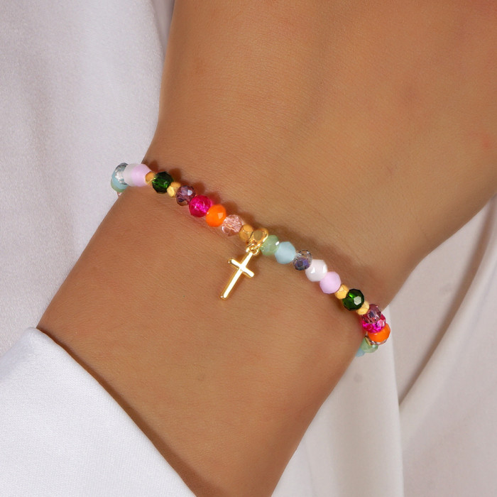 Cross Natural Stone Crystal Bracelet Summer Vibrant Dopamine Jewelry Friend Best Friend Gift Bracelet Wholesale