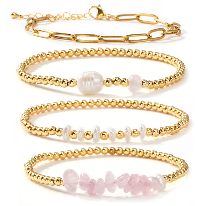 European and American Style Multi-layer Stacking Bracelet Set Imitation Pearl Amethyst Stone Gold Bead Metal Chain Ins Niche Hand Jewelry Wholesale
