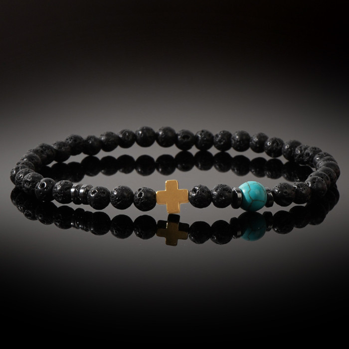 Ins Internet Celebrity Style Volcanic Stone Bracelet Set Simple Versatile Black Gallstone Cross Elastic Bracelet Couple Bracelet