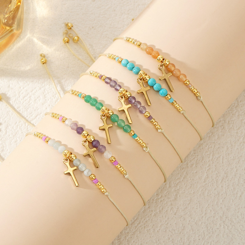 2025 New Ins Style Cross Semi-Precious Stone Bracelet Niche Design Adjustable Drawstring Light Luxury Hand Jewelry Wholesale