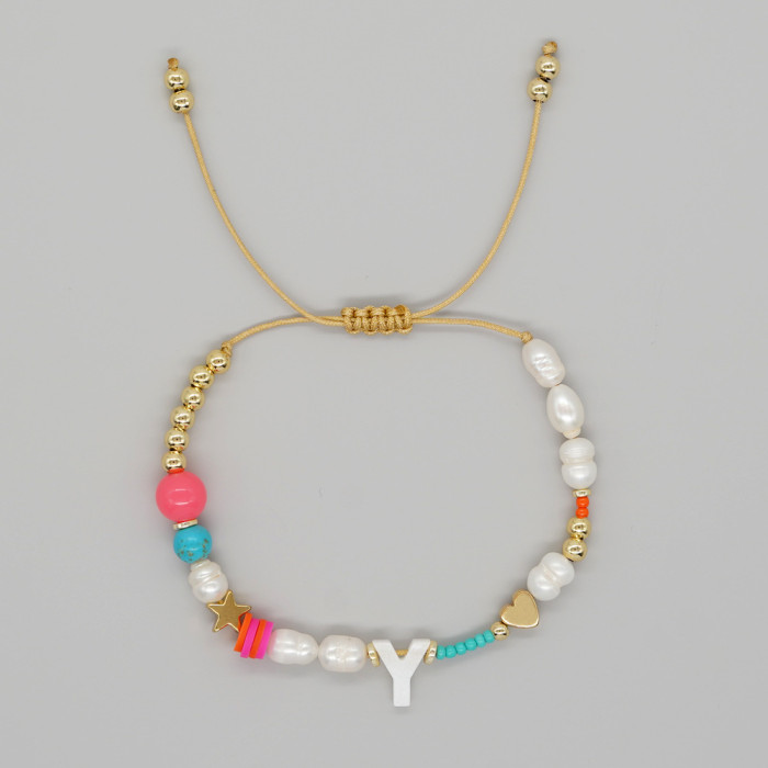 Heart-shaped Pentagram Shell Bracelet A-Z Letter Imitation Pearl Beaded Bracelet Valentine's Day Heart Gold Bead Brac...