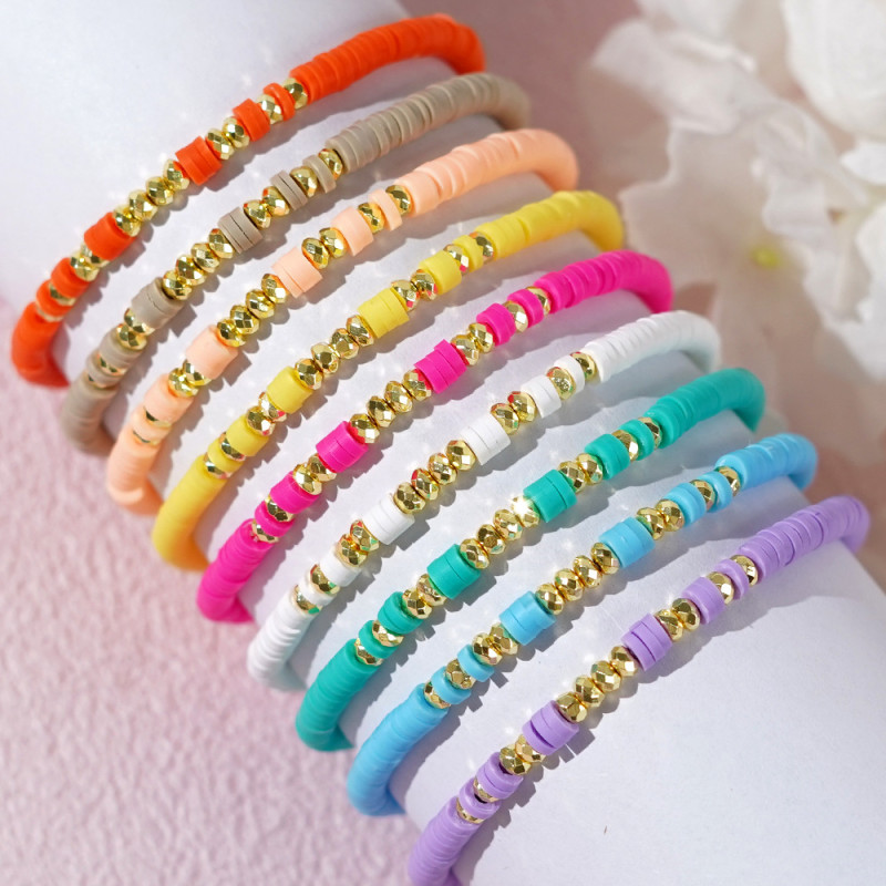 Bohemian Style Summer Beach Colorful Sliced Gold Bead Bracelet for Women Soft Clay Bracelet Friend Gift