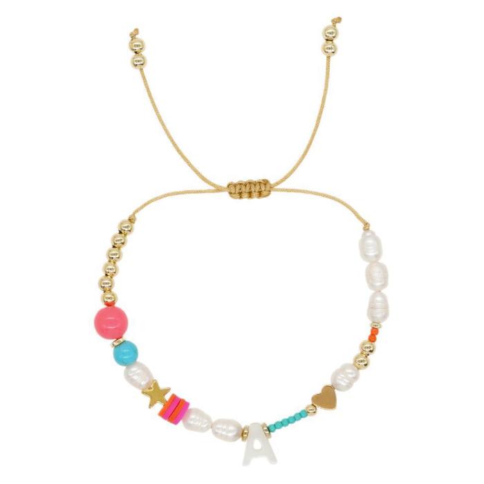 Heart-shaped Pentagram Shell Bracelet A-Z Letter Imitation Pearl Beaded Bracelet Valentine's Day Heart Gold Bead Brac...