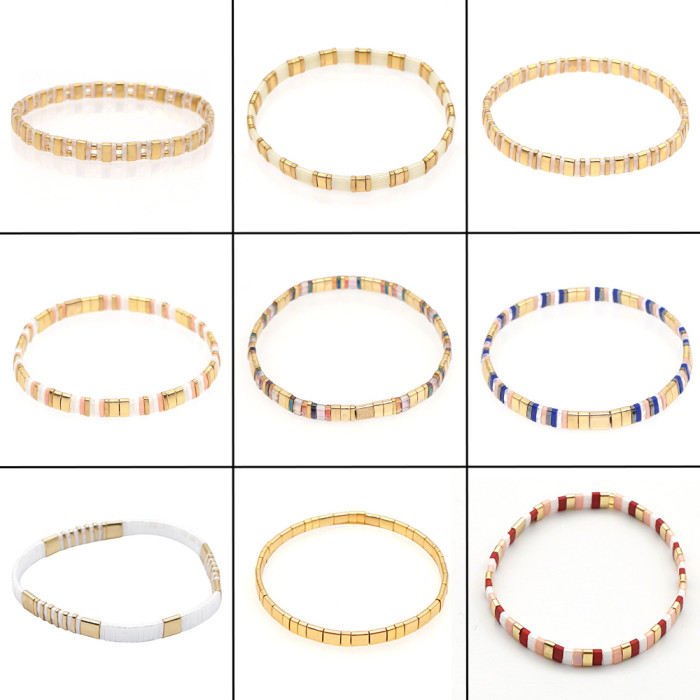 Japanese Style Tila Bead Women's Bracelet Non-Fading Ins Fashion Black Gallstone Glass Bead Mixed Elastic Hand Jewelry Wholesale