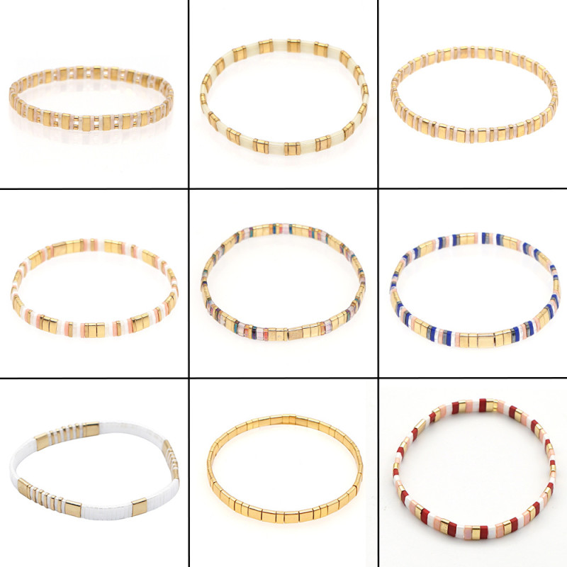 Japanese Style Tila Bead Women's Bracelet Non-Fading Ins Fashion Black Gallstone Glass Bead Mixed Elastic Hand Jewelry Wholesale
