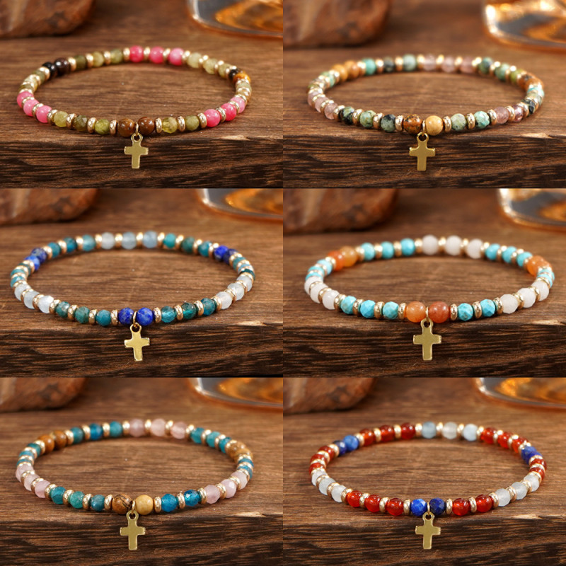 Cross-border Vintage Turquoise Handmade Beaded Bracelet Natural Crystal Gemstone Cross Pendant Elegant Accessory